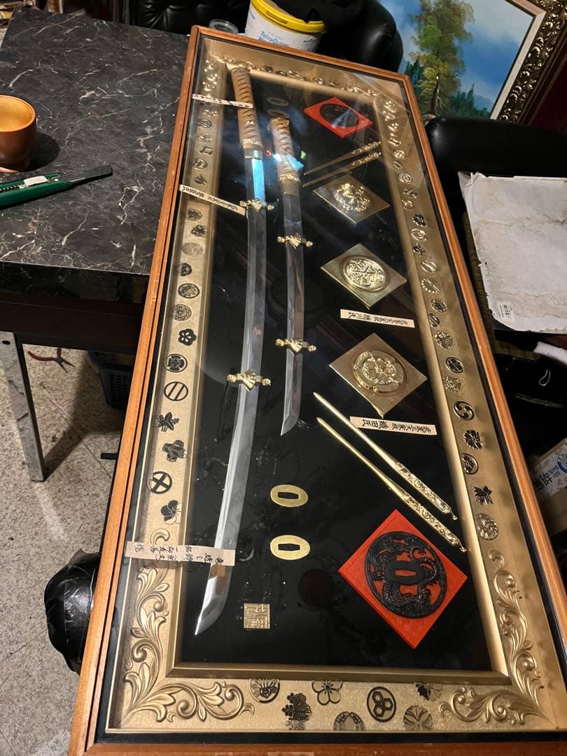 日本刀模造刀額飾り 、模造刀額飾り 武家三大家家紋付き 、徳川 、織田 、豊臣