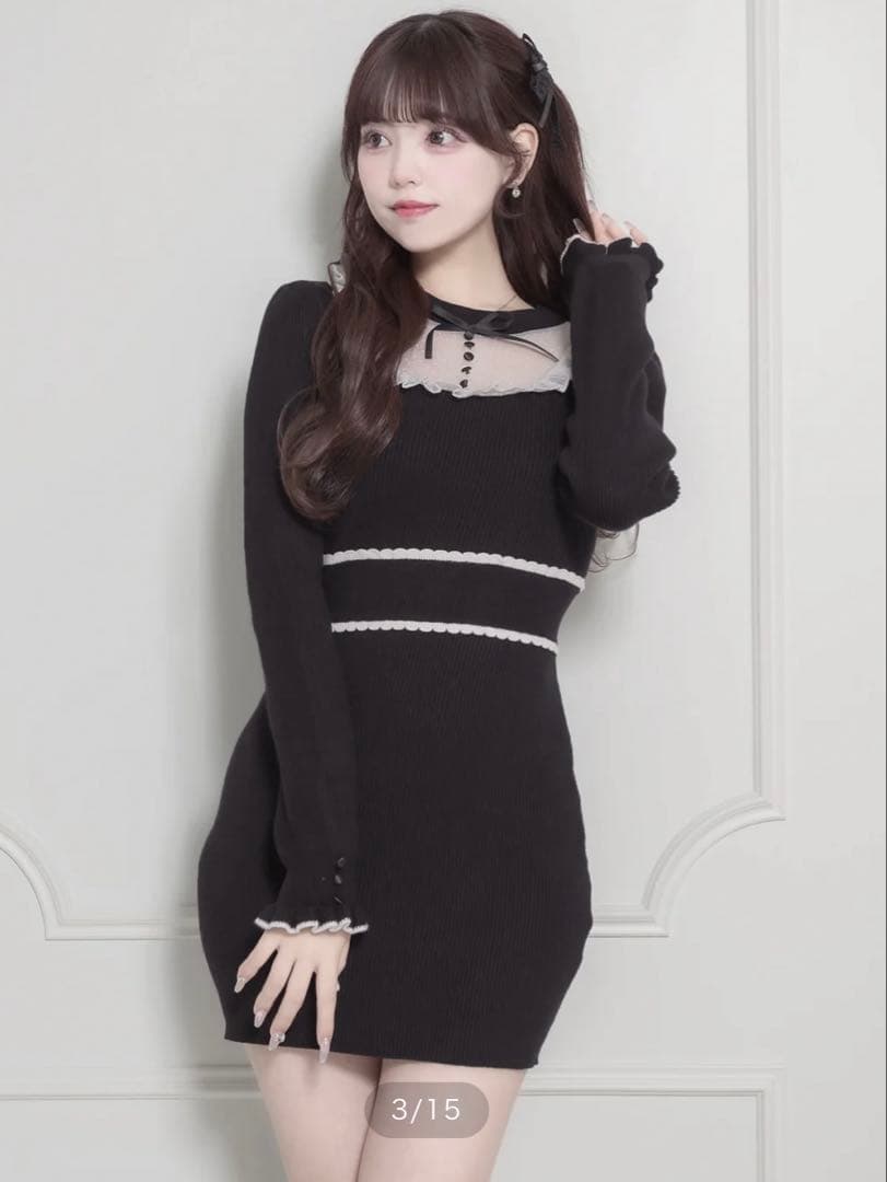 チュールフリルドーリーニットワンピース ブラック pium