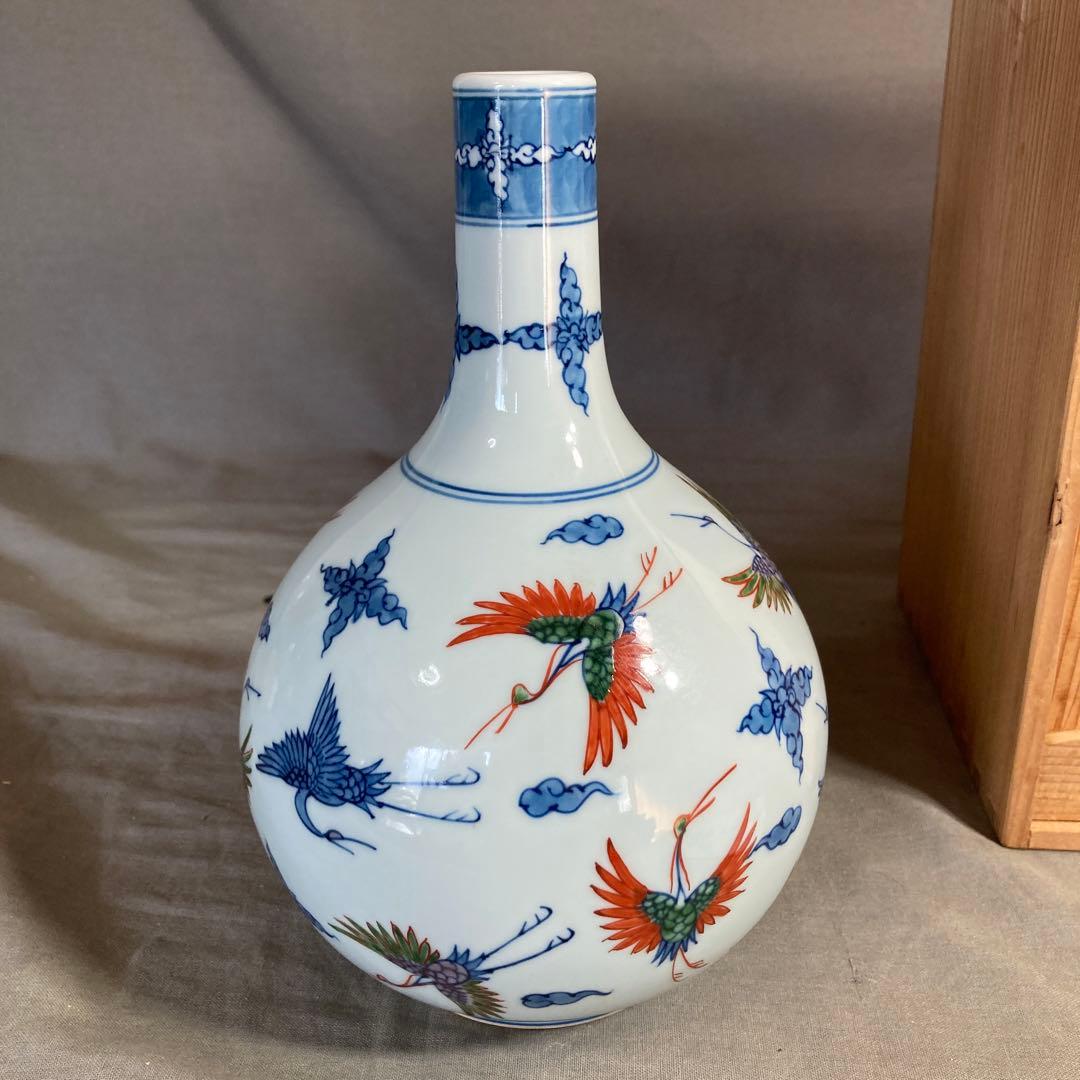 【源右衛門】古伊万里の伝統　日本の名窯　舘林源右衛門作　染錦舞鶴文　鶴首花瓶