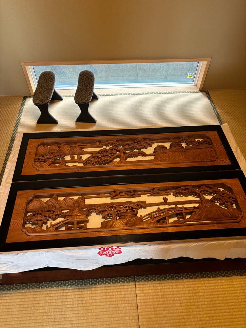 欄間　木製風景彫刻 2枚セット