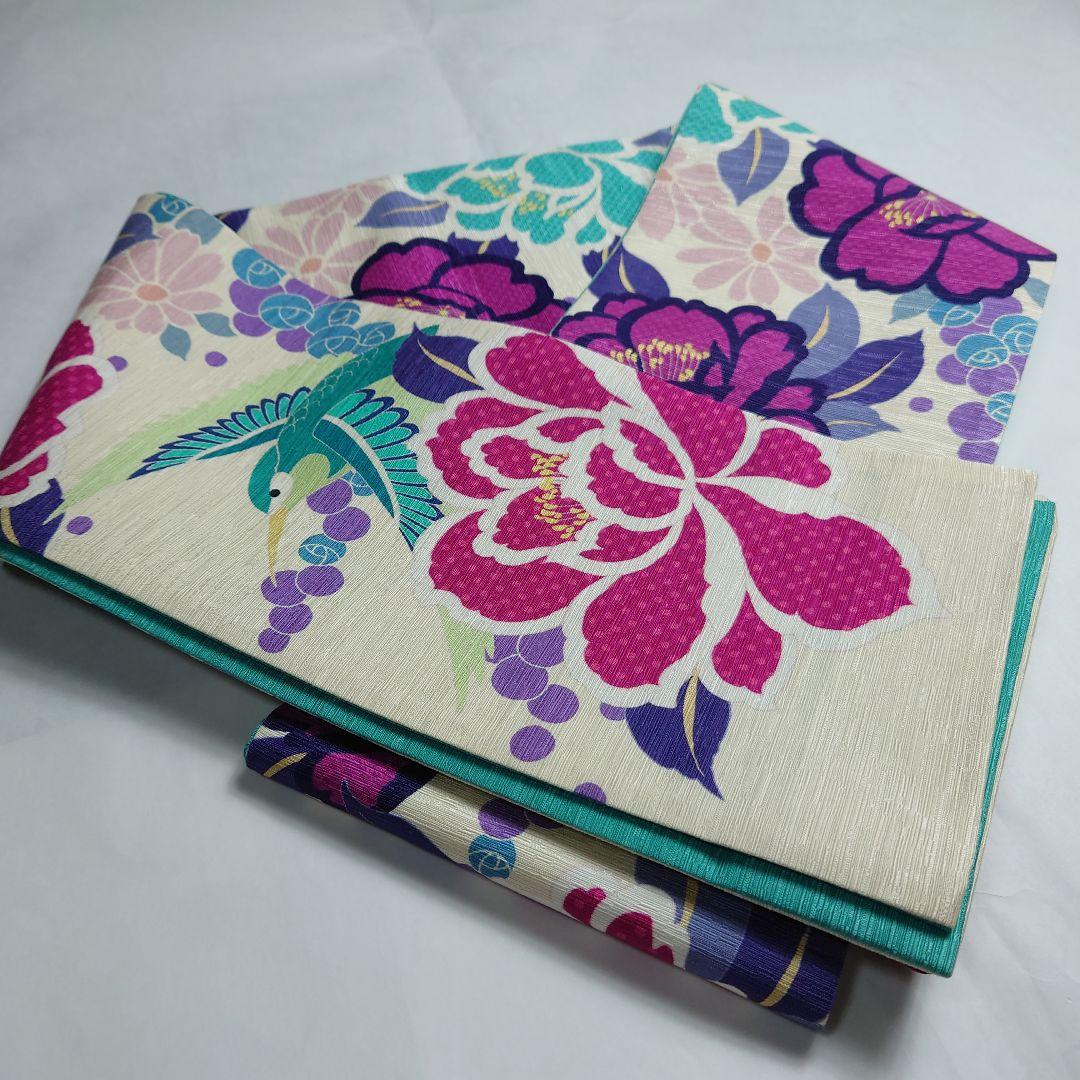 正絹 半幅帯 wakka ワッカ ハチドリ 大花 図案 訳あり