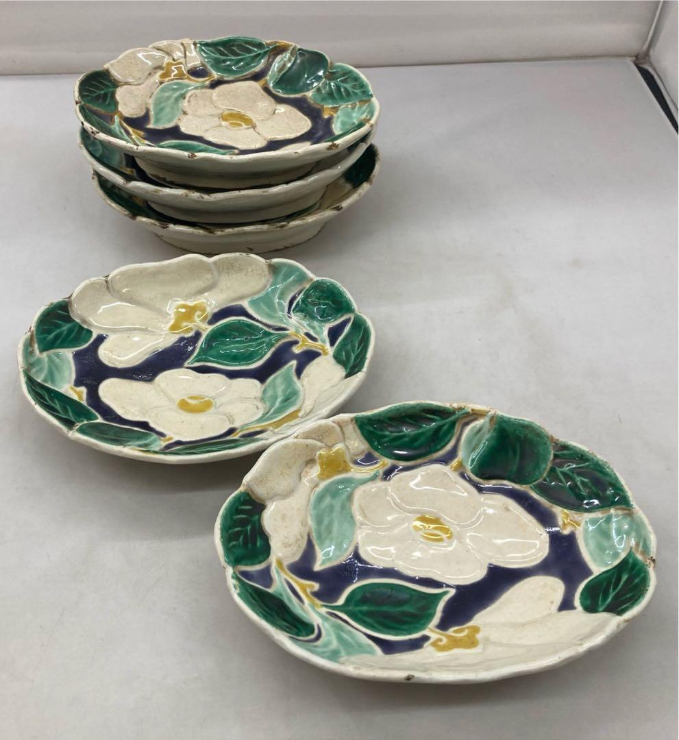 B389b 「椿図皿 5枚」九谷焼　金城製　春日山窯　青木木米　陶器　金沢