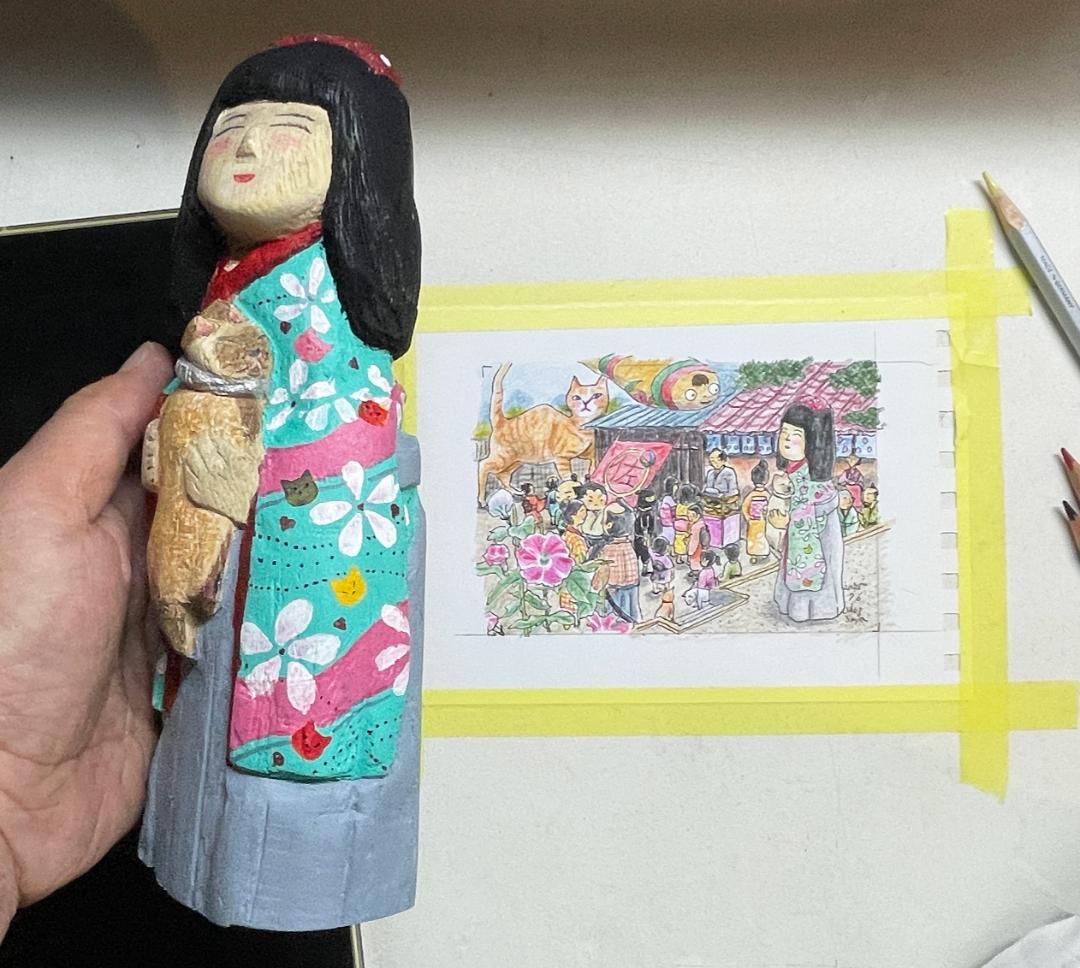 ま*み様 木製オリジナルこけしとオリジナル絵画セット（by ShuzSaya/絵