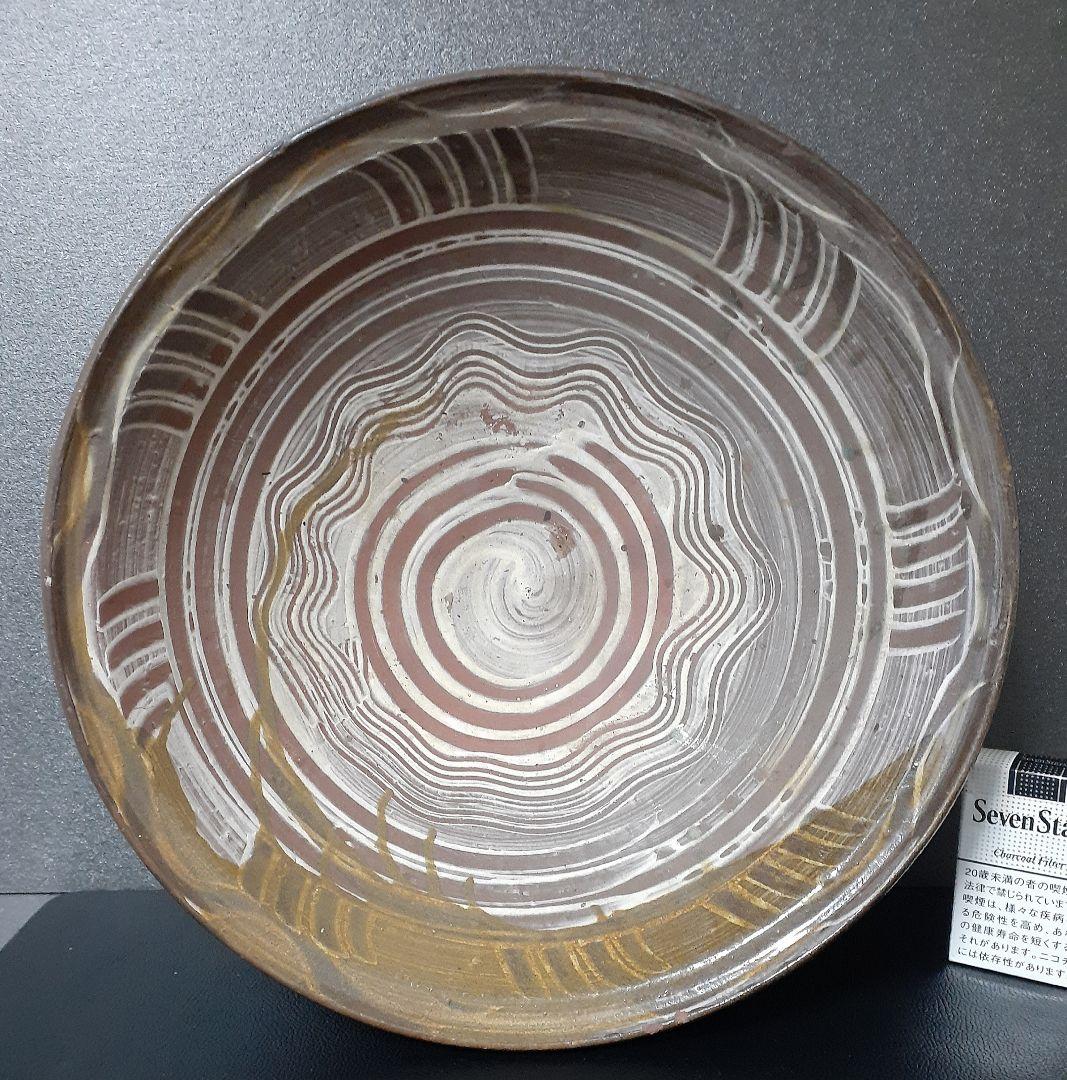 明治時代頃　時代九州民芸陶器　肥前弓野焼武雄古唐津系　三彩櫛目文　刷毛目　大鉢