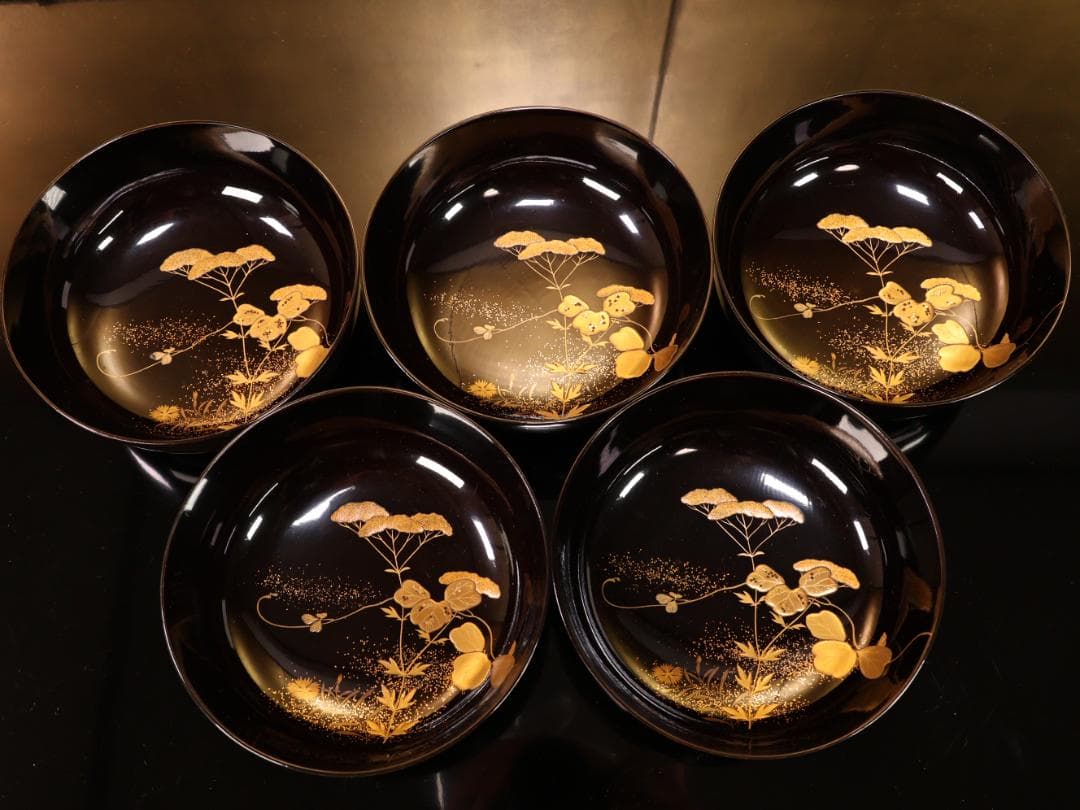 BK427　時代輪島塗　秋乃図金蒔絵　吸物椀　五客　木製　茶 懐石 菓子　螺鈿