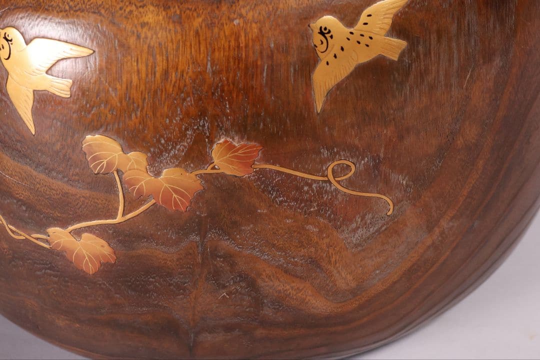 尺参 桐火鉢 金蒔絵 螺鈿細工 幅37.8cm 尺3 蔦 鳥 草【MB32】