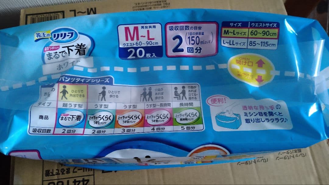 花王リリーフまるで下着M〜L1箱20枚入り6パック＝合計120枚！
