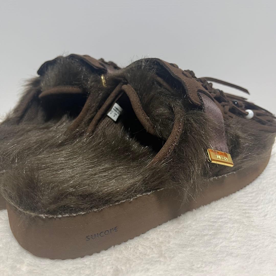 L'Appartment　[SUICOKE]ファー×フリンジサボサンダル　茶