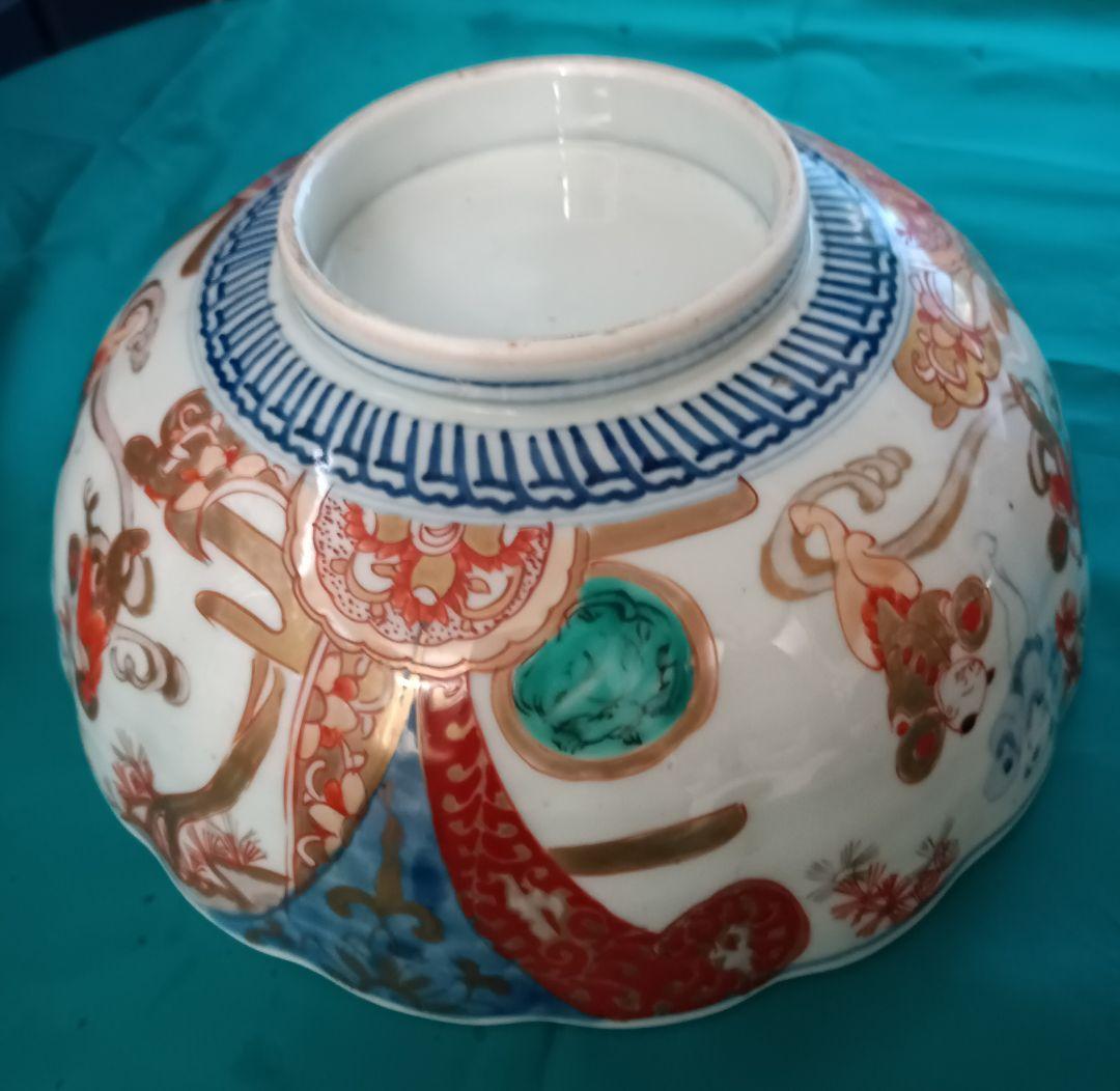 【古伊万里】　金彩染め付け　赤絵唐子人物絵　三ツ鉢揃い　菓子鉢　美術品　江戸期