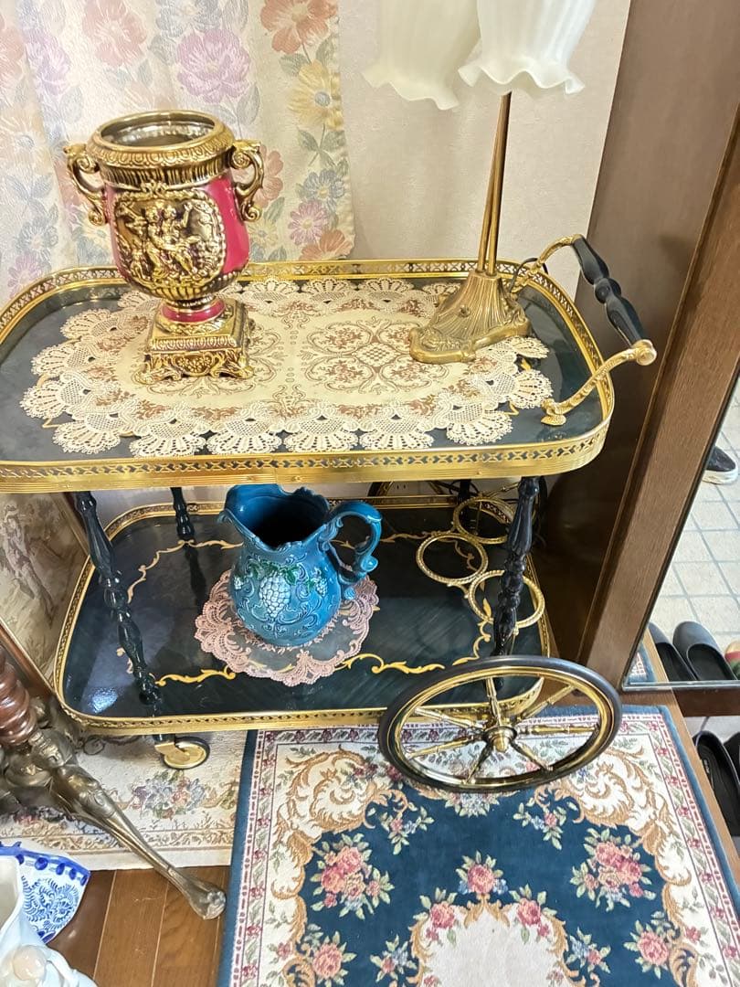イタリア　象嵌 アンティーク風 サービングカート 黒金