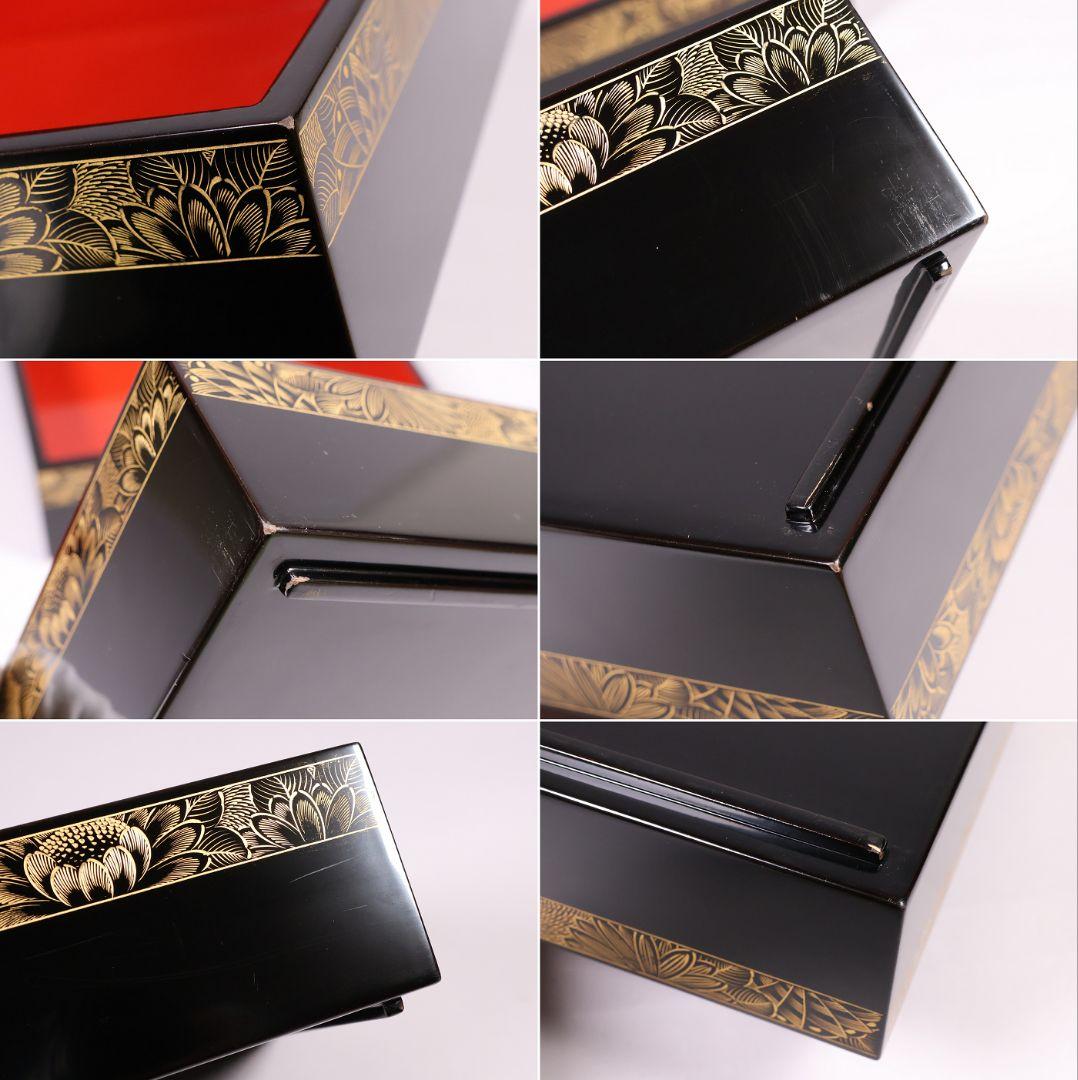輪島塗 沈金 菊花 五段重箱 蓋2枚 黒塗 内朱塗 木製漆器 漆芸【MB56】