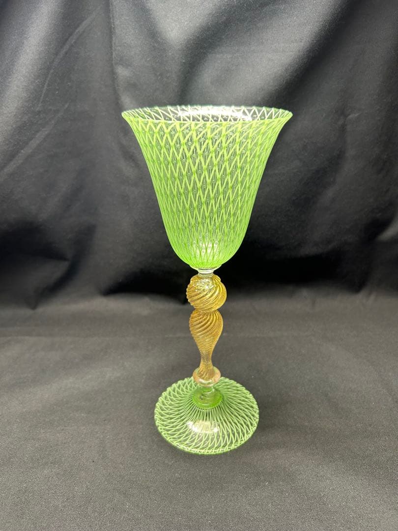 ベネチアングラスSeguso緑色網目模様ガラスカップ