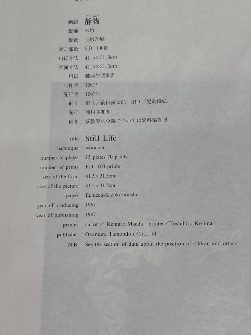 #加山又造「静物」木版画　限定100部