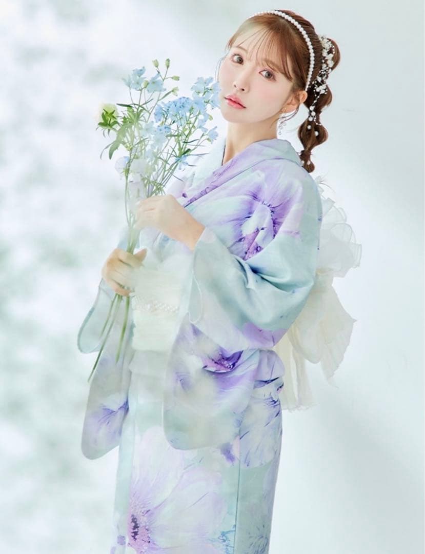 水色と紫の花柄 浴衣