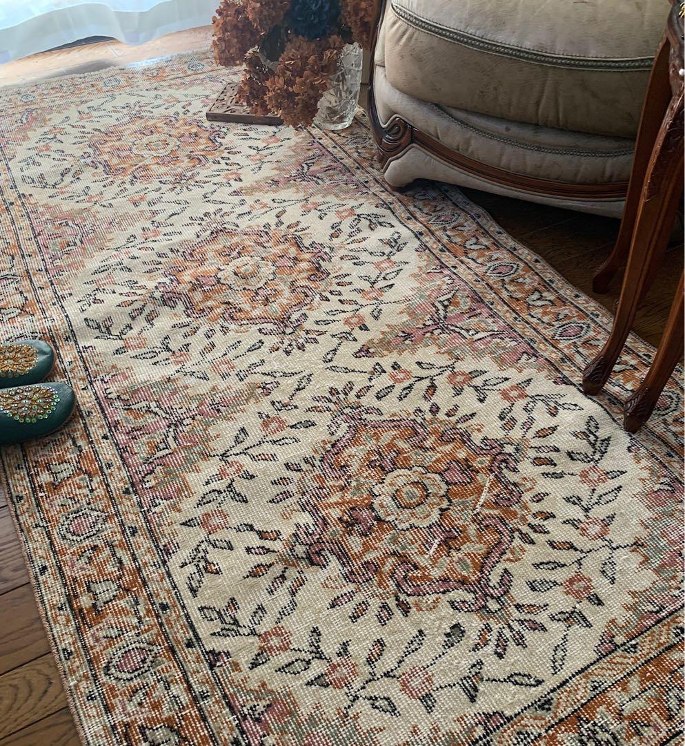 ペールオレンジ200×97 フラワーメダリオン　トルコヴィンテージラグ