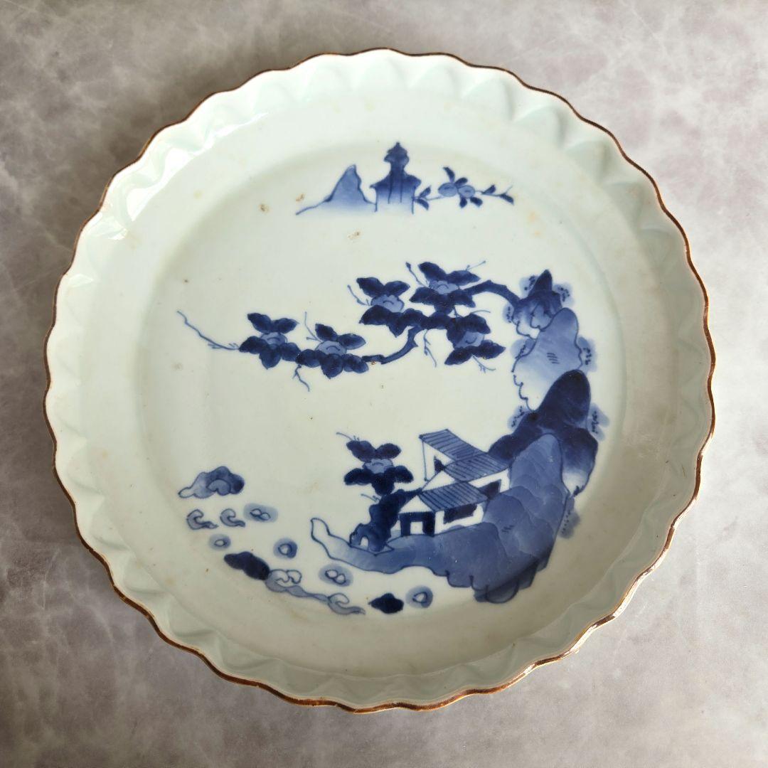 古伊万里　染付　輪花　七寸皿　江戸時代　金直し　金継ぎ　骨董　日本　アンティーク