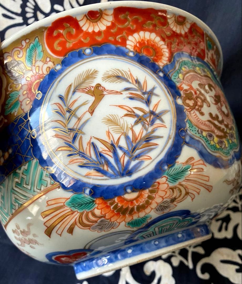 時代物骨董　古伊万里　豪華絢爛染錦金襴手・色絵大鉢　鳳凰飛翔図　飾り鉢　幕末明治