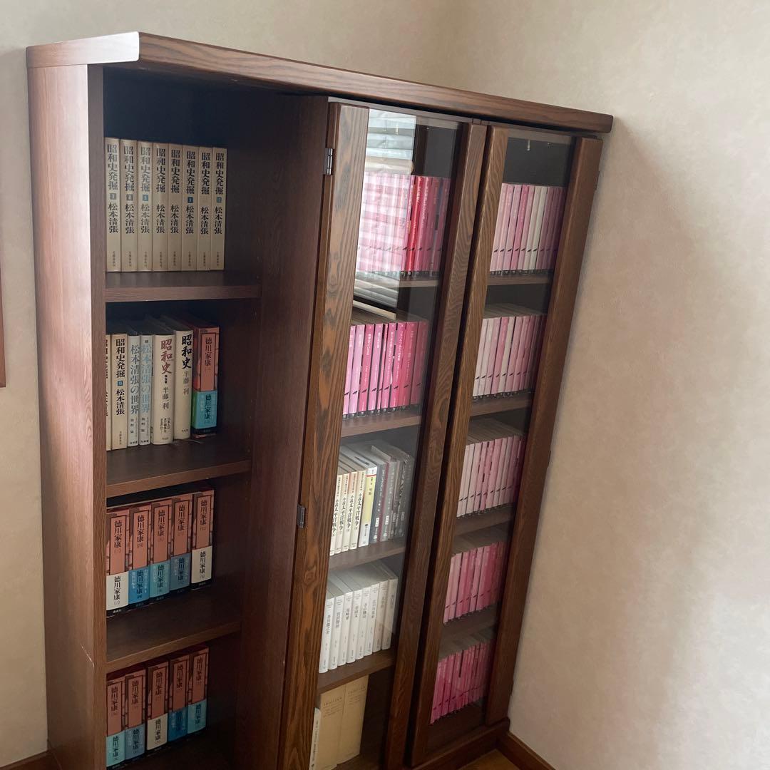 木製 ガラス付き 本棚 スライド式 ブックシェルフ キャビネット