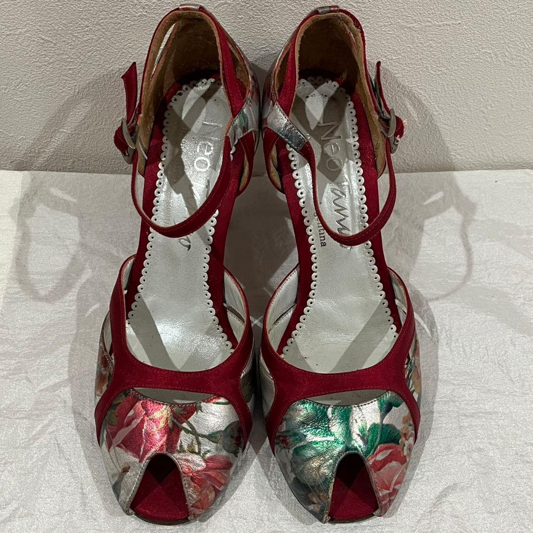 Neo Tango 赤と花柄の安定感抜群オープントゥ中ヒール　タンゴ、社交ダンス