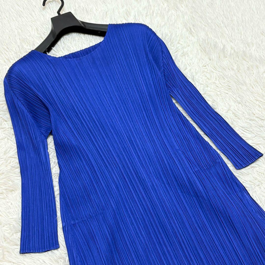 プリーツプリーズ イッセイミヤケ プリーツ 長袖ワンピース 青 ブルー サイズ3