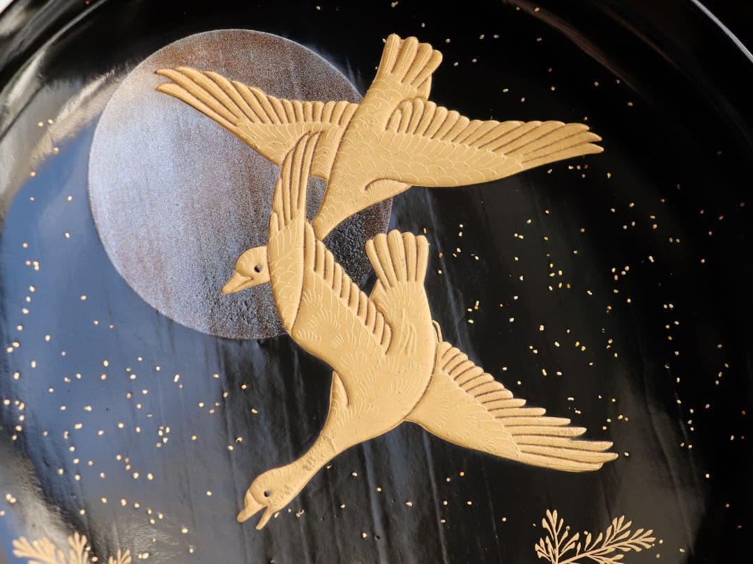 CL63 加賀蒔絵 月に雁 金蒔絵 黒塗煮物椀 二客 木製漆器 梨地 鳥 芦