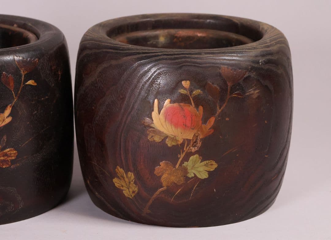 古い 桐火鉢一対 菊蒔絵 小さめ 手あぶり 6.5号 高さ15.3cm【MB30
