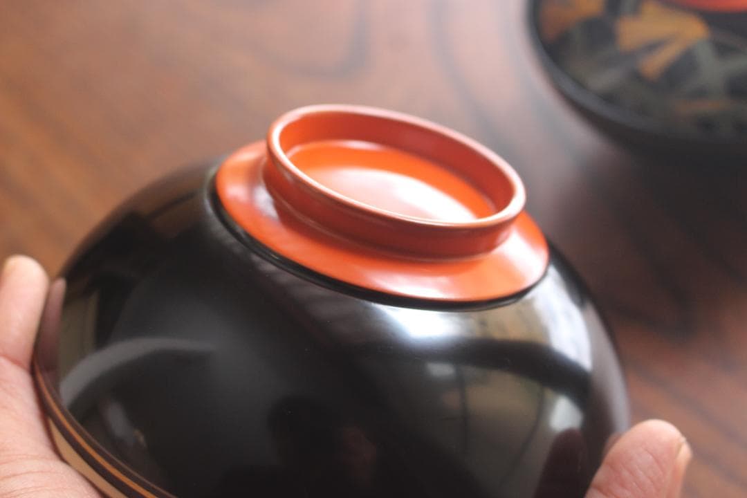 デッドストック！極上ススキ文に優美な内銀雁蒔絵の大椀2点（検輪島塗蒔絵椀雑煮椀