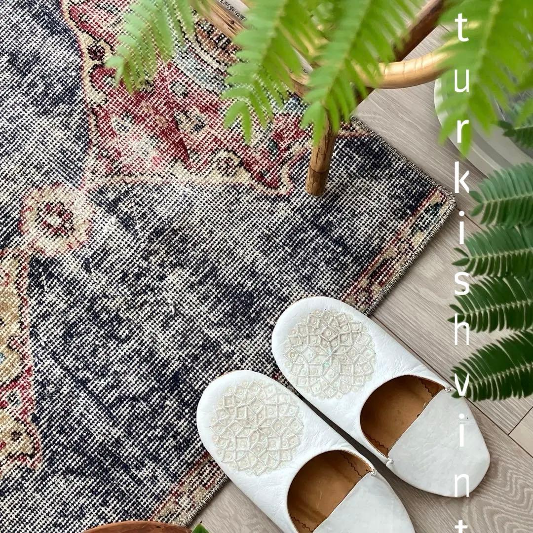 デニムブルー✳︎64×61 シャビー　キャラメル　レッド　トルコヴィンテージラグ