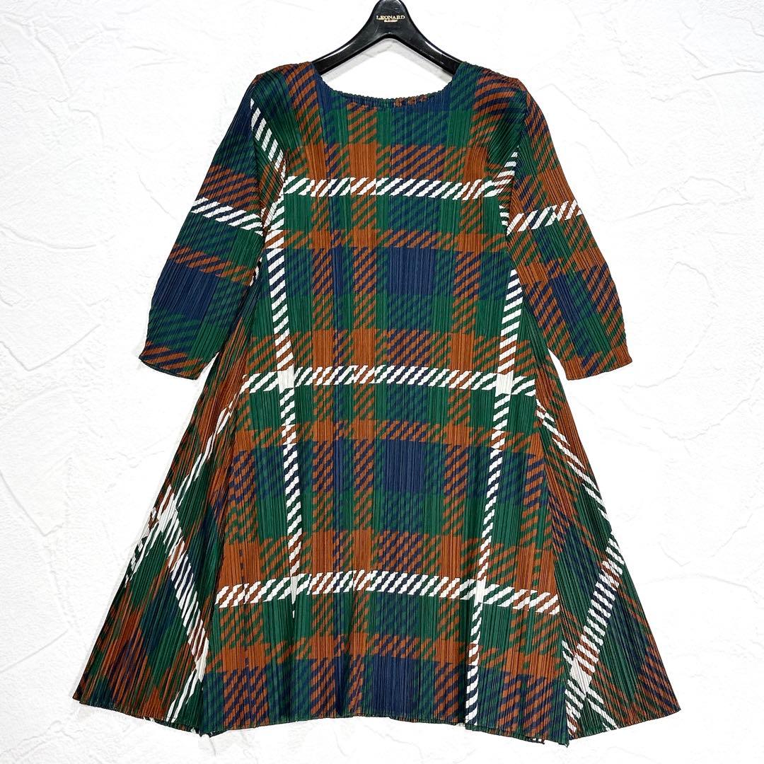 ✨美品✨プリーツプリーズ　ワンピース　チュニック　チェック　Aライン　七分袖