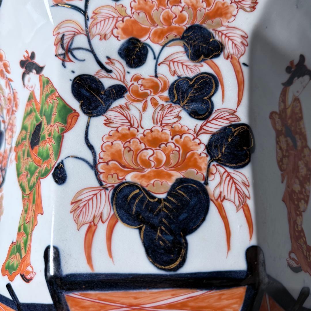 幕末〜明治期　染錦美人図大鉢　盆栽　植木鉢　高さ26cm　直径37.5cm