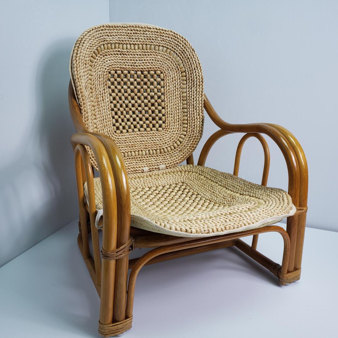 ラタン　座椅子　レトロ　木製ビーズ付き　希少