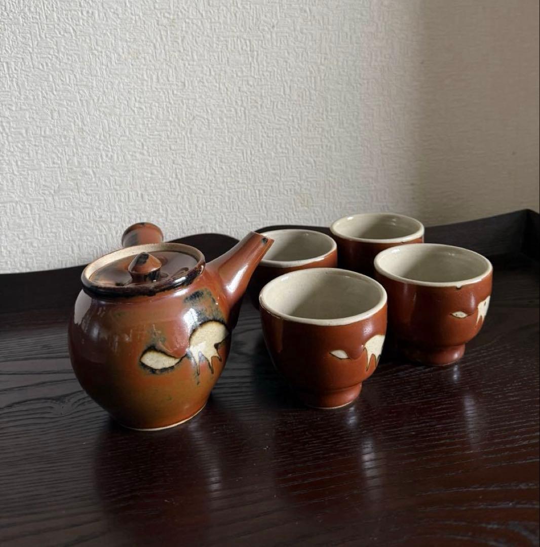 民藝 古作 益子焼 柿釉 抜絵 茶器揃 急須 湯呑み4客 古民藝 民芸