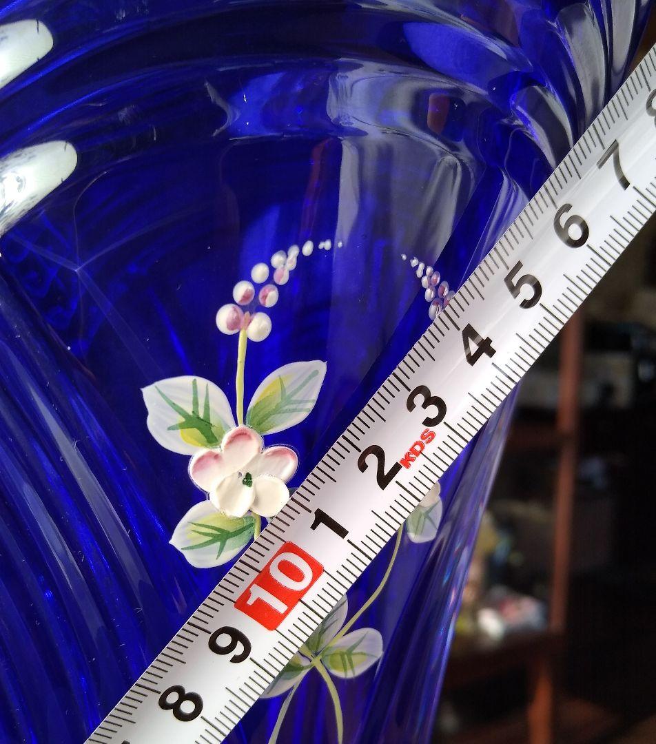 ボヘミアングラス大型花瓶　コバルトブルーカットガラス　チェコ製専用箱入り花瓶