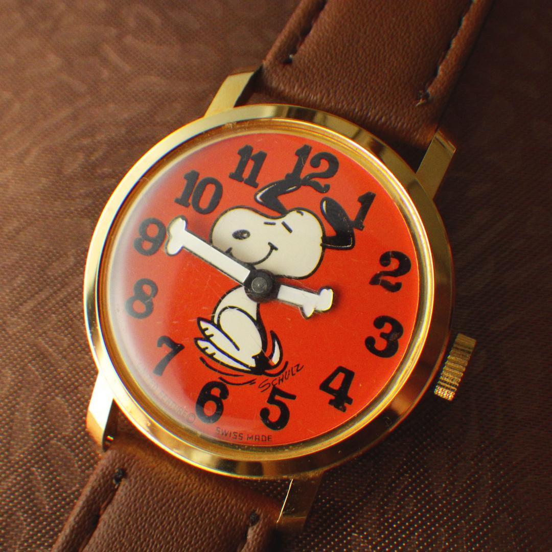 【限定値下】良品★オレンジ文字盤【1968年】スヌーピー スイス製 手巻き腕時計
