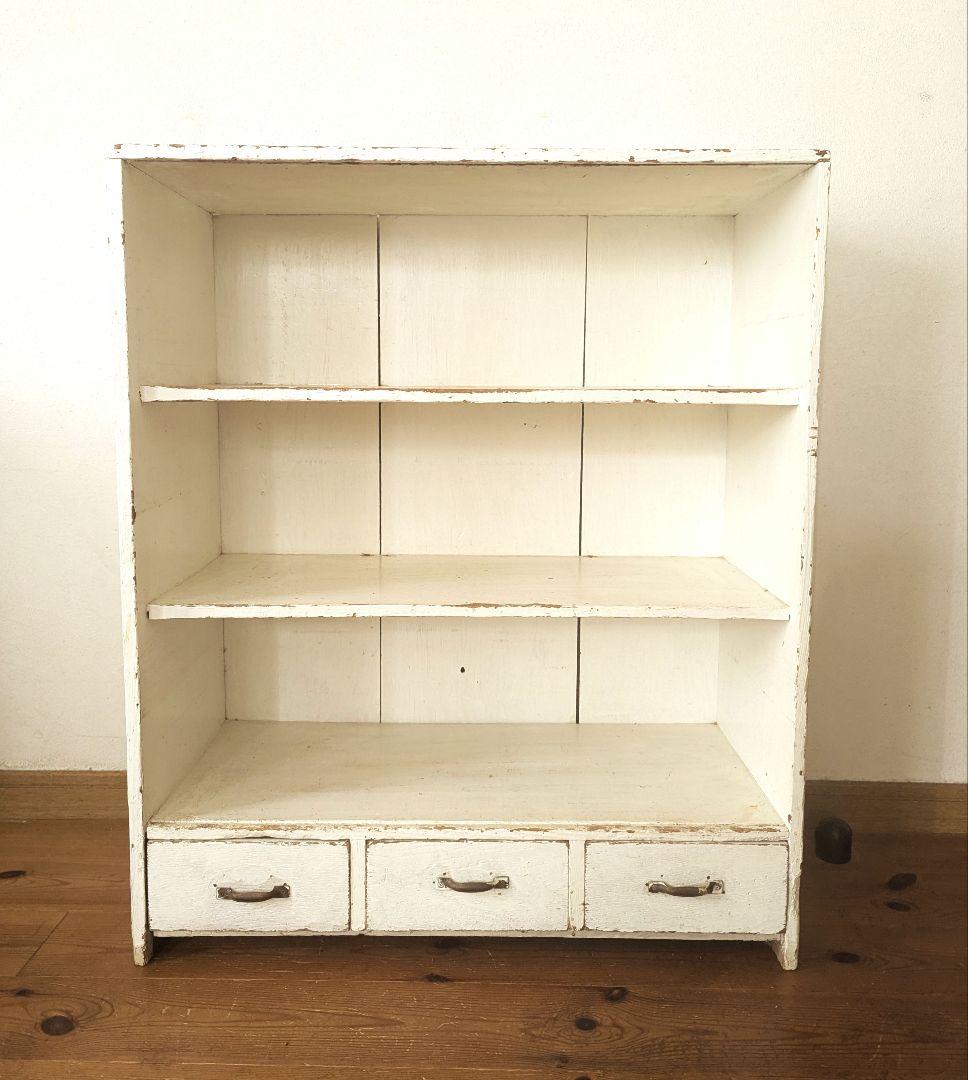 アンティーク　古道具　ホワイト木製3段シェルフ 引き出し付き
