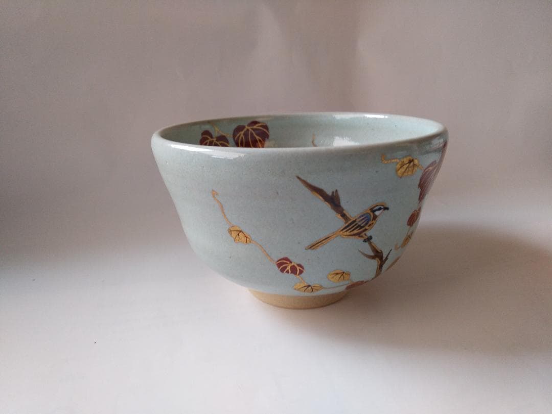 橋本紫雲 平安紫雲 色絵 失透釉 蔦ニ百舌文 茶碗 共箱 共布 茶道具 新品