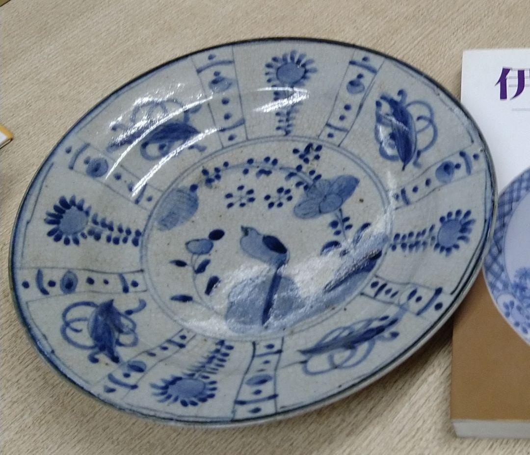 江戸前期寛文古伊万里芙蓉手花鳥兜皿R5-1