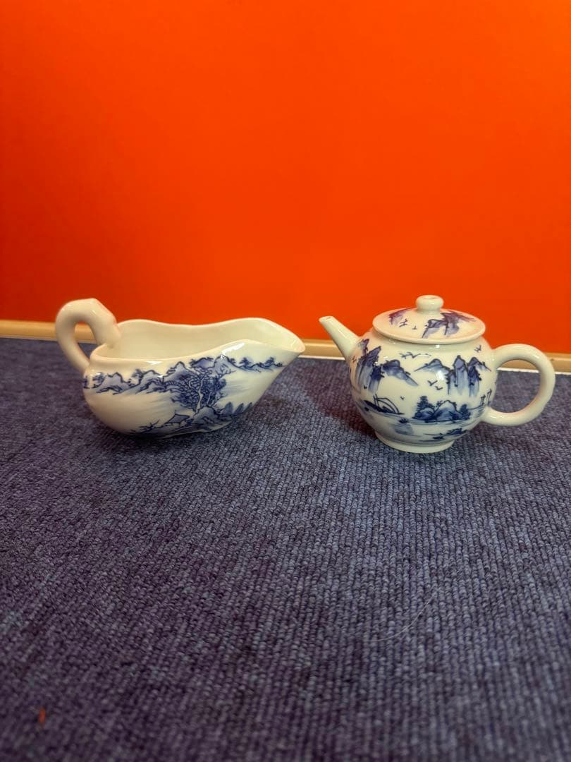 1683 平安白鳳　染付山水　急須1客　湯冷し1客