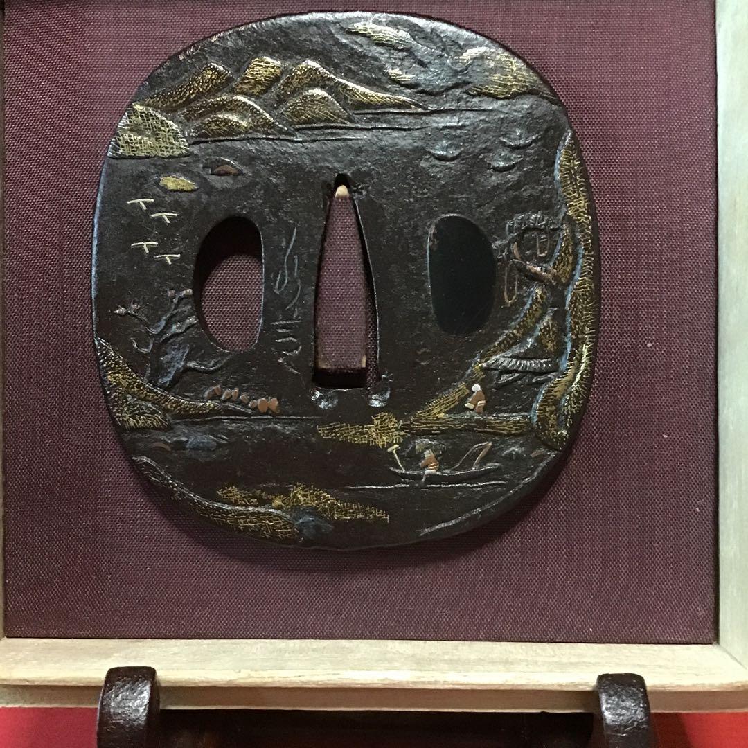 若芝鍔　在銘　(若芝)肥前　金布目象嵌　山水釣図　名品