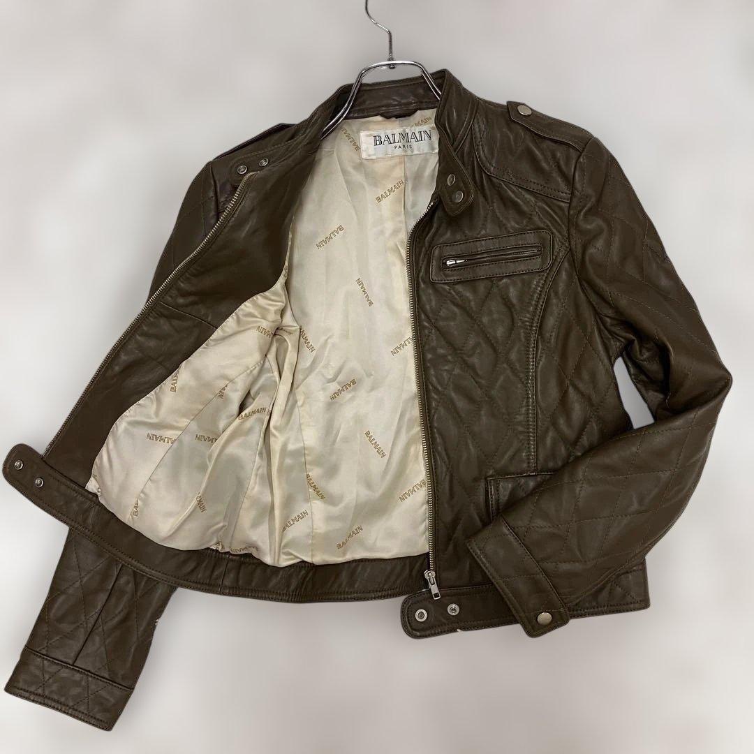 短丈 BALMAIN バルマン キルティング レザー ライダースジャケット 羊革