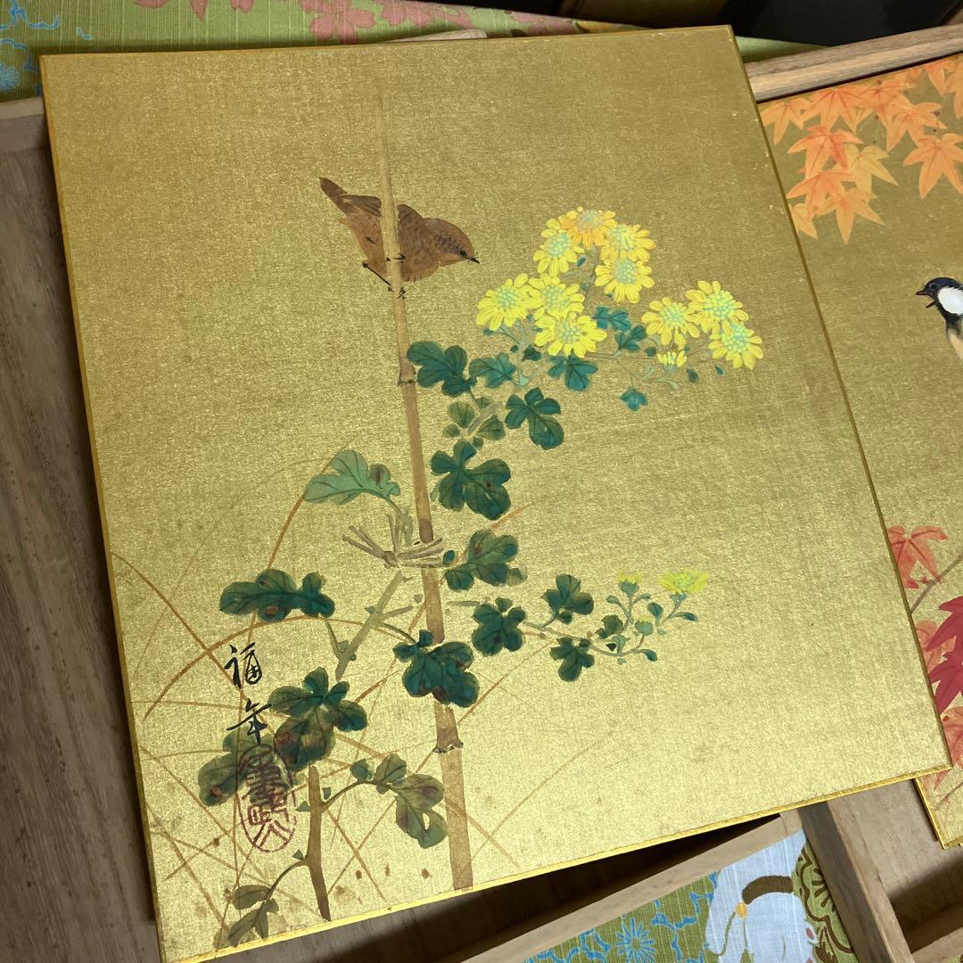 花鳥画色紙四枚　日本画家「小西福年」作