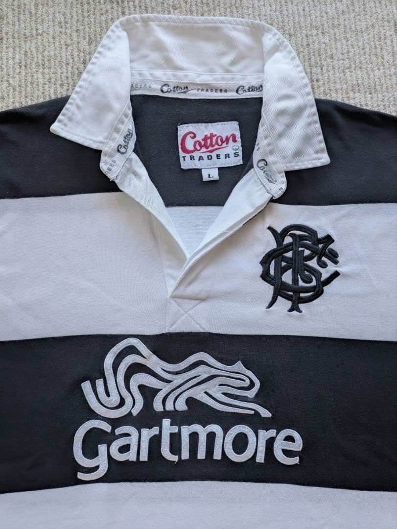 バーバリアンズ 古着 刺繍 ブラック 白黒 ボーダー ラガーシャツ L ラグビー