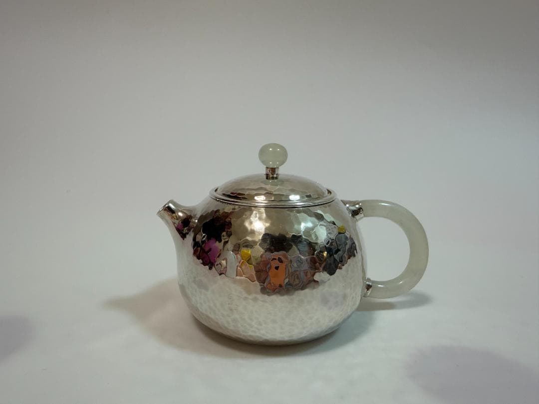 純銀製 丸形 玉石摘 鎚目紋 急須 銀瓶 煎茶道具