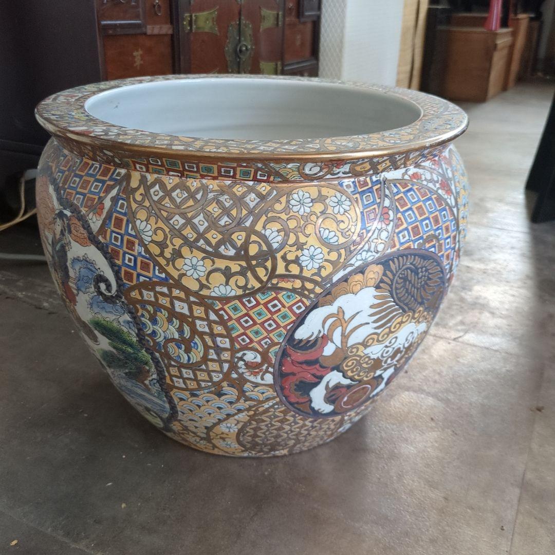 骨董 金魚 鉢 水鉢 めだか 睡蓮鉢 鉢カバー テーブル 金箔装飾 陶器鉢