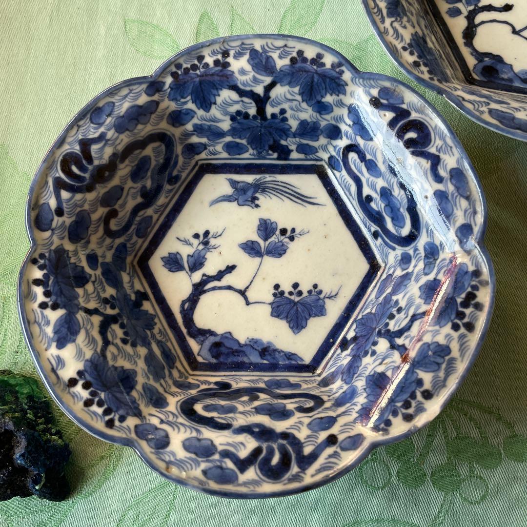 古伊万里　染付　桐　鳳凰　龍　変形皿　2客