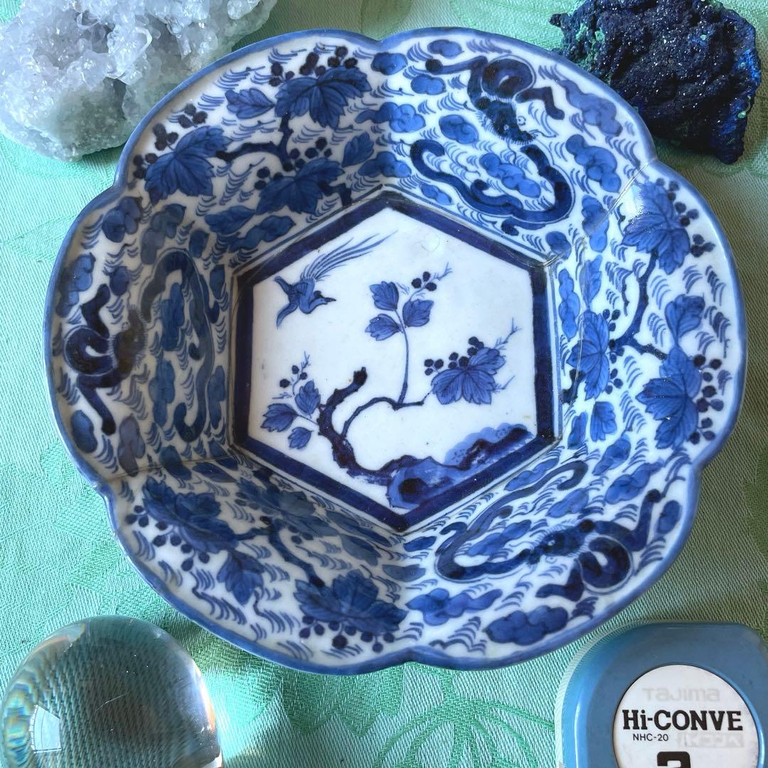 古伊万里　染付　桐　鳳凰　龍　変形皿　2客