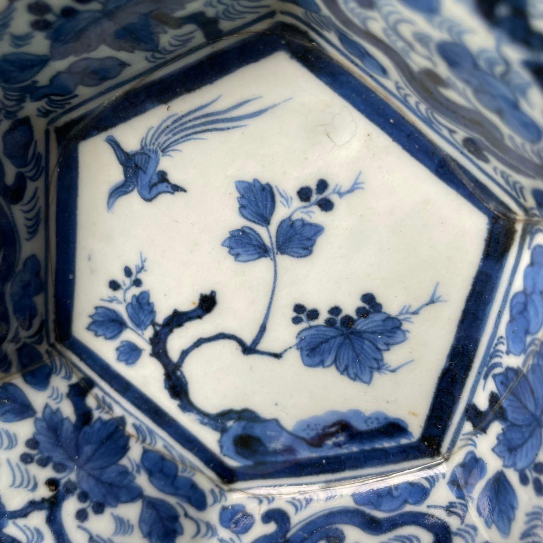 古伊万里　染付　桐　鳳凰　龍　変形皿　2客