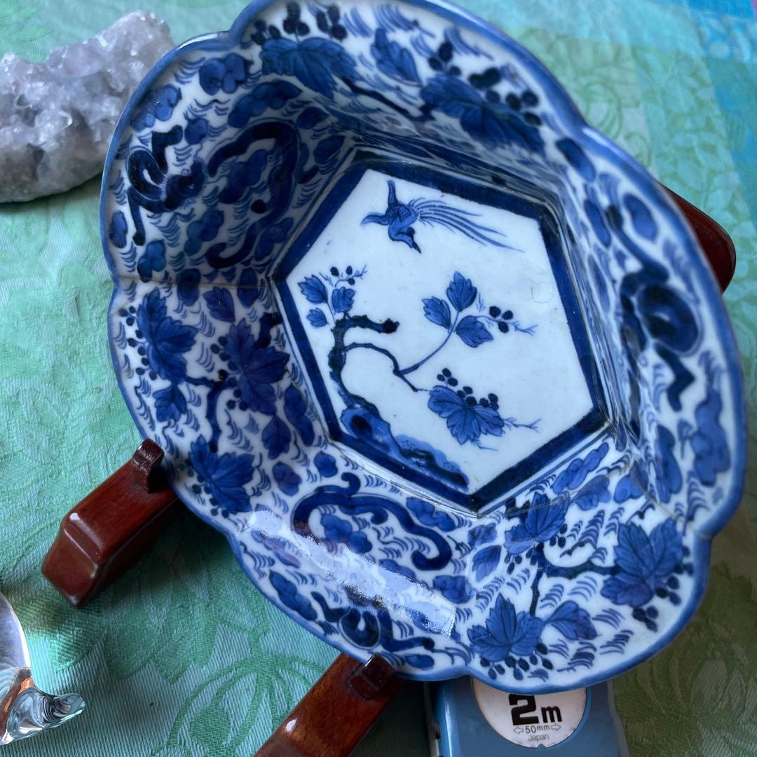 古伊万里　染付　桐　鳳凰　龍　変形皿　2客