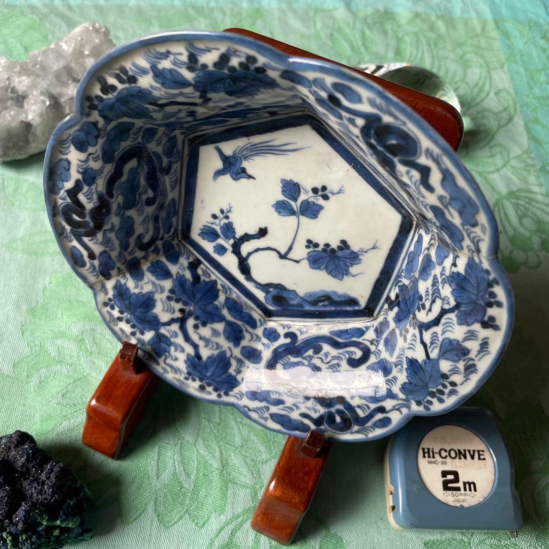 古伊万里　染付　桐　鳳凰　龍　変形皿　2客