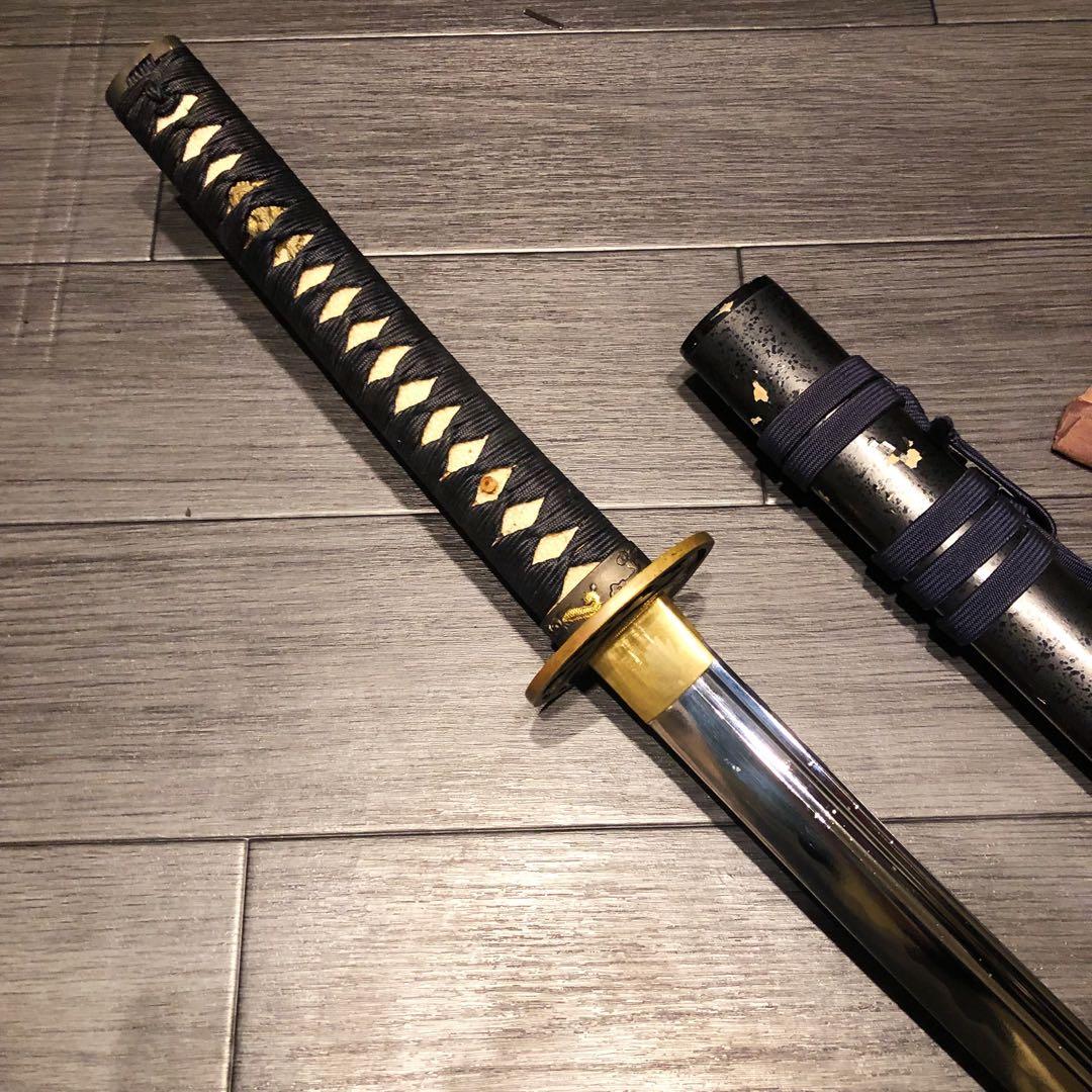 高級模造刀　高級居合刀　樋入り刀身　青緑金拵え　亜合金刀身　居合刀